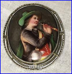 Antique Victorian Cameo Portrait Brooch Sterling Silver Tyrolean Boy Hand Paint