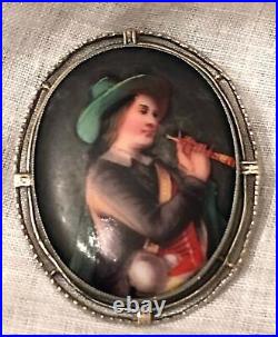 Antique Victorian Cameo Portrait Brooch Sterling Silver Tyrolean Boy Hand Paint