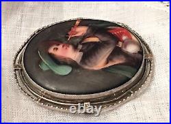 Antique Victorian Cameo Portrait Brooch Sterling Silver Tyrolean Boy Hand Paint