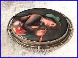 Antique Victorian Cameo Portrait Brooch Sterling Silver Tyrolean Boy Hand Paint