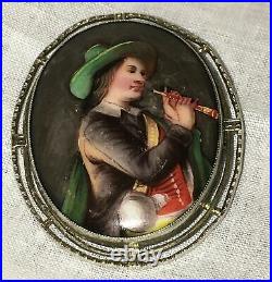 Antique Victorian Cameo Portrait Brooch Sterling Silver Tyrolean Boy Hand Paint
