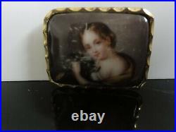Antique Victorian Cameo Portrait Girl with Dog Hand Painted Porcelain Brooch Pin