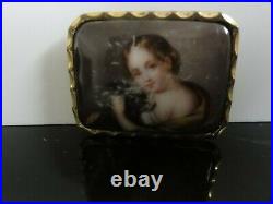 Antique Victorian Cameo Portrait Girl with Dog Hand Painted Porcelain Brooch Pin