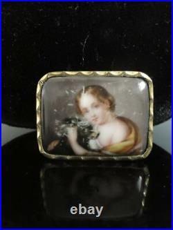 Antique Victorian Cameo Portrait Girl with Dog Hand Painted Porcelain Brooch Pin