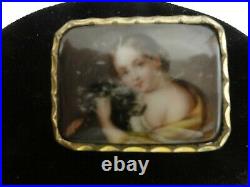 Antique Victorian Cameo Portrait Girl with Dog Hand Painted Porcelain Brooch Pin