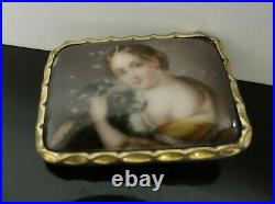 Antique Victorian Cameo Portrait Girl with Dog Hand Painted Porcelain Brooch Pin