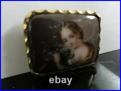 Antique Victorian Cameo Portrait Girl with Dog Hand Painted Porcelain Brooch Pin