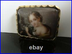 Antique Victorian Cameo Portrait Girl with Dog Hand Painted Porcelain Brooch Pin