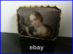 Antique Victorian Cameo Portrait Girl with Dog Hand Painted Porcelain Brooch Pin