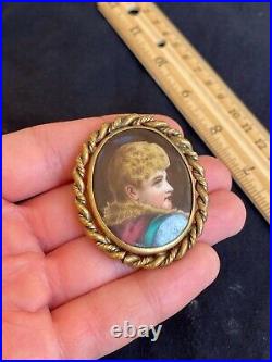 Antique Victorian Cameo Portrait Hand Painted Porcelain Gold 2 Brooch Pin 1870s