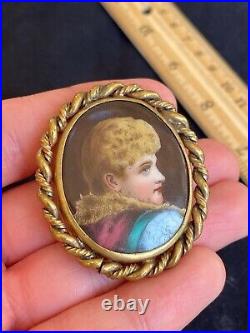 Antique Victorian Cameo Portrait Hand Painted Porcelain Gold 2 Brooch Pin 1870s