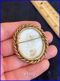 Antique Victorian Cameo Portrait Hand Painted Porcelain Gold 2 Brooch Pin 1870s