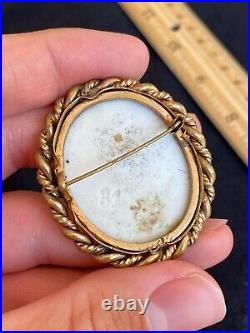 Antique Victorian Cameo Portrait Hand Painted Porcelain Gold 2 Brooch Pin 1870s