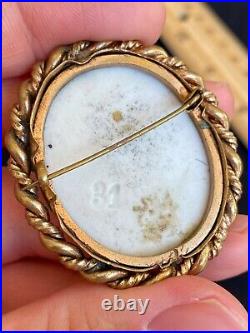 Antique Victorian Cameo Portrait Hand Painted Porcelain Gold 2 Brooch Pin 1870s