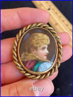 Antique Victorian Cameo Portrait Hand Painted Porcelain Gold 2 Brooch Pin 1870s