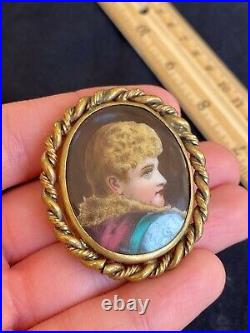 Antique Victorian Cameo Portrait Hand Painted Porcelain Gold 2 Brooch Pin 1870s