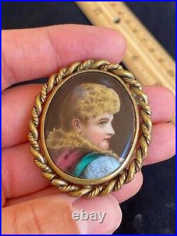 Antique Victorian Cameo Portrait Hand Painted Porcelain Gold 2 Brooch Pin 1870s