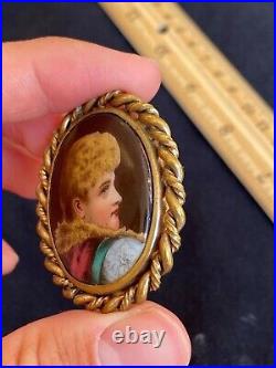 Antique Victorian Cameo Portrait Hand Painted Porcelain Gold 2 Brooch Pin 1870s