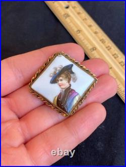 Antique Victorian Cameo Portrait Hand Painted Porcelain Gold Brooch Pin 1870's