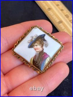 Antique Victorian Cameo Portrait Hand Painted Porcelain Gold Brooch Pin 1870's