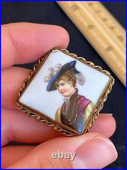 Antique Victorian Cameo Portrait Hand Painted Porcelain Gold Brooch Pin 1870's
