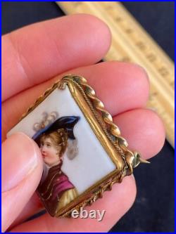 Antique Victorian Cameo Portrait Hand Painted Porcelain Gold Brooch Pin 1870's