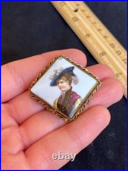 Antique Victorian Cameo Portrait Hand Painted Porcelain Gold Brooch Pin 1870's