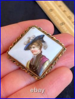Antique Victorian Cameo Portrait Hand Painted Porcelain Gold Brooch Pin 1870's