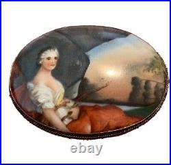 Antique Victorian Cameo Portrait Hand Painted Porcelain Silver Brooch Lg Pin Vtg