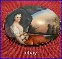 Antique Victorian Cameo Portrait Hand Painted Porcelain Silver Brooch Lg Pin Vtg