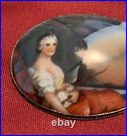 Antique Victorian Cameo Portrait Hand Painted Porcelain Silver Brooch Lg Pin Vtg