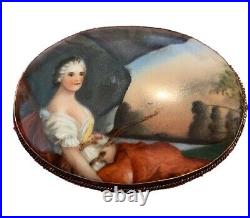 Antique Victorian Cameo Portrait Hand Painted Porcelain Silver Brooch Lg Pin Vtg