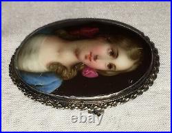 Antique Victorian Cameo Portrait Hand Painted Porcelain Sterling Brooch Pin 925