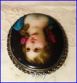 Antique Victorian Cameo Portrait Hand Painted Porcelain Sterling Brooch Pin 925