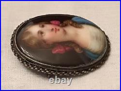 Antique Victorian Cameo Portrait Hand Painted Porcelain Sterling Brooch Pin 925