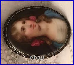 Antique Victorian Cameo Portrait Hand Painted Porcelain Sterling Brooch Pin 925