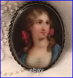 Antique Victorian Cameo Portrait Hand Painted Porcelain Sterling Brooch Pin 925
