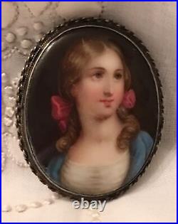 Antique Victorian Cameo Portrait Hand Painted Porcelain Sterling Brooch Pin 925