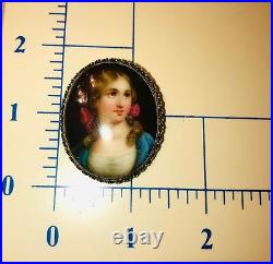 Antique Victorian Cameo Portrait Hand Painted Porcelain Sterling Brooch Pin 925