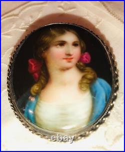 Antique Victorian Cameo Portrait Hand Painted Porcelain Sterling Brooch Pin 925