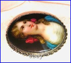 Antique Victorian Cameo Portrait Hand Painted Porcelain Sterling Brooch Pin 925