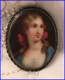 Antique Victorian Cameo Portrait Hand Painted Porcelain Sterling Brooch Pin 925