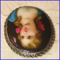 Antique Victorian Cameo Portrait Hand Painted Porcelain Sterling Brooch Pin 925