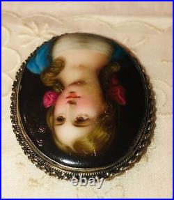 Antique Victorian Cameo Portrait Hand Painted Porcelain Sterling Brooch Pin 925