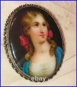 Antique Victorian Cameo Portrait Hand Painted Porcelain Sterling Brooch Pin 925