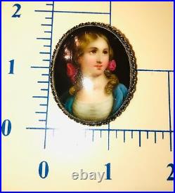 Antique Victorian Cameo Portrait Hand Painted Porcelain Sterling Brooch Pin 925