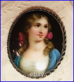 Antique Victorian Cameo Portrait Hand Painted Porcelain Sterling Brooch Pin 925