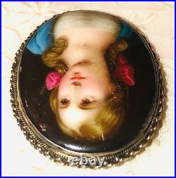 Antique Victorian Cameo Portrait Hand Painted Porcelain Sterling Brooch Pin 925