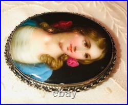 Antique Victorian Cameo Portrait Hand Painted Porcelain Sterling Brooch Pin 925