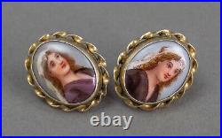 Antique Victorian Cameo Portrait Hand Painted Porcelain Sterling Silver Earrings